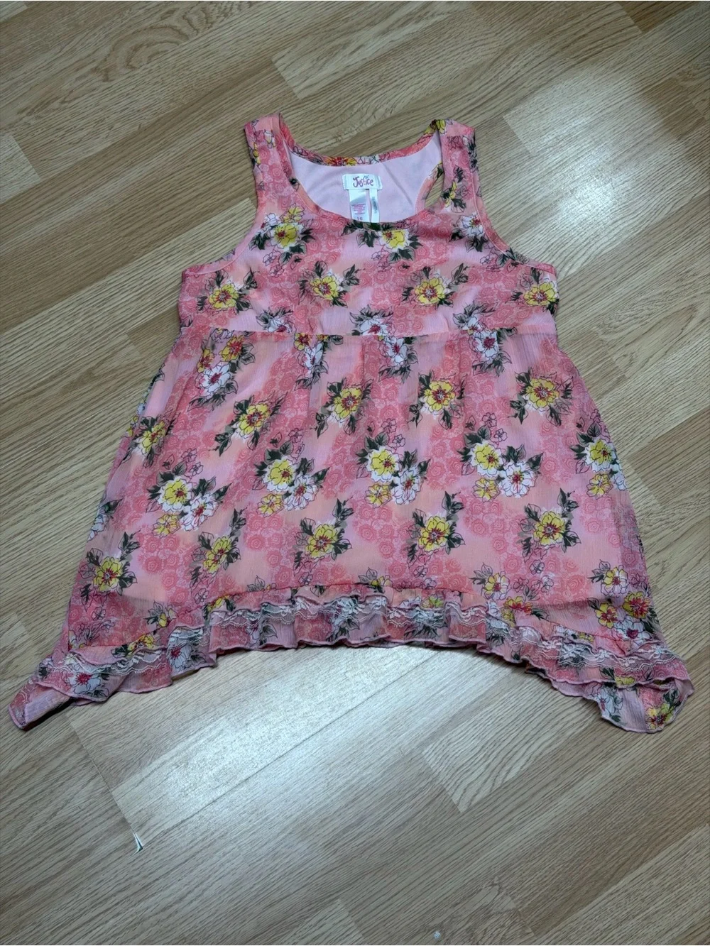 Justice Girls 16 Coral Pink Floral Lace Trim Sleeveless High Low Blouse Top